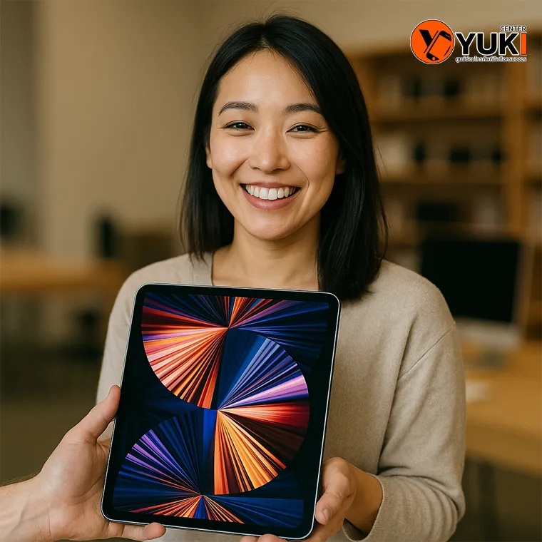 ลูกค้าถือ iPad หน้าจอสว่างสดใสพร้อมรอยยิ้ม หลังรับบริการซ่อมและเปลี่ยนอะไหล่ที่ Yuki Center | ศูนย์ซ่อมมือถือครบวงจร