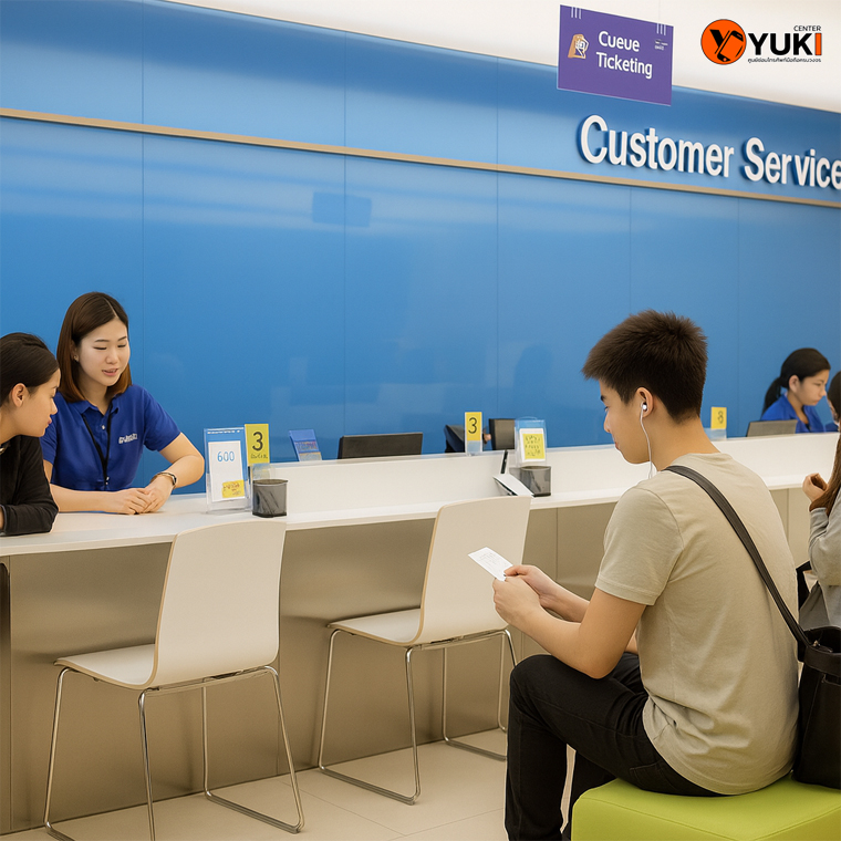 หน้าศูนย์บริการ Samsung มีลูกค้านั่งรอรับคิวบริการและเจ้าหน้าที่คอยให้คำปรึกษา