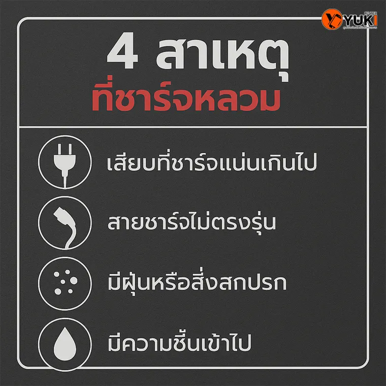 อินโฟกราฟิก 4 สาเหตุที่ทำให้ก้นชาร์จมือถือหลวม เช่น เสียบสายแน่นเกินไป สายชาร์จไม่ตรงรุ่น มีฝุ่นหรือสิ่งสกปรก และมีความชื้นเข้าไป