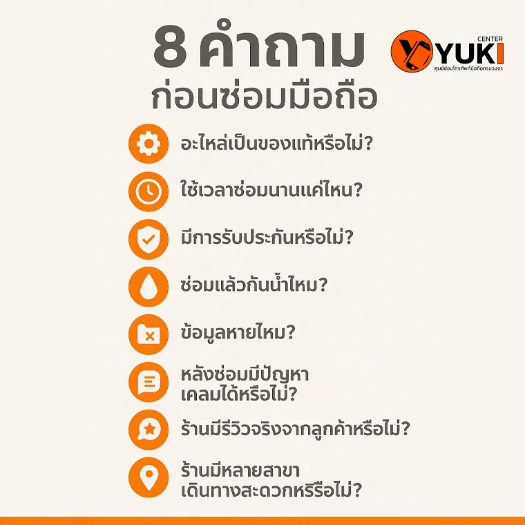 อินโฟกราฟิก 8 คำถามก่อนซ่อมมือถือ สิ่งที่ควรถามร้านซ่อมเพื่อความมั่นใจ อะไหล่แท้ การรับประกัน ความปลอดภัย และความน่าเชื่อถือ Yuki Center