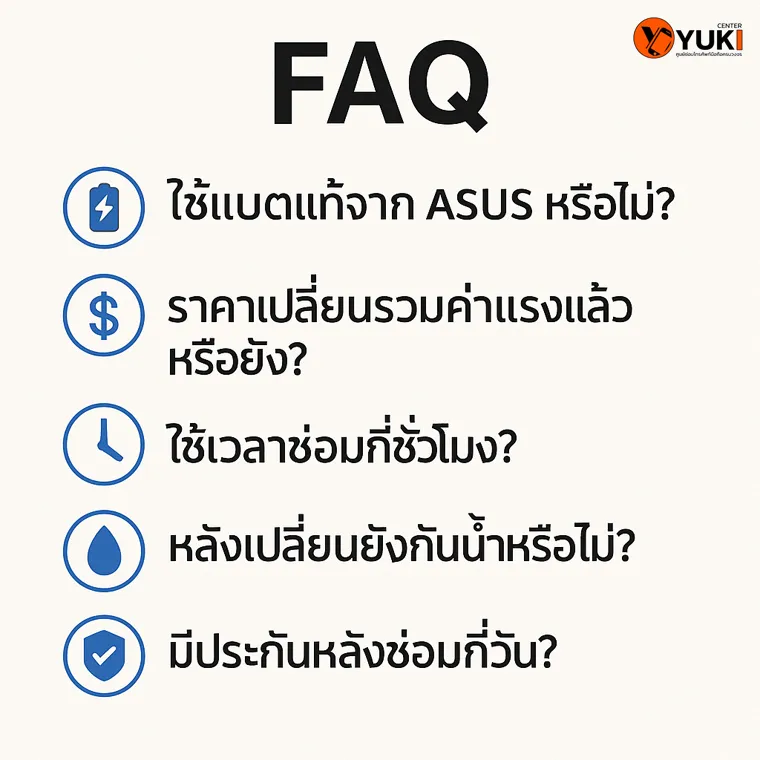 อินโฟกราฟิก FAQ คำถามที่พบบ่อยเกี่ยวกับการเปลี่ยนแบต ASUS ROG Phone เช่น ใช้แบตแท้หรือไม่ ราคา รวมค่าแรงหรือยัง ใช้เวลากี่ชั่วโมง กันน้ำหรือไม่ และมีประกันกี่วัน