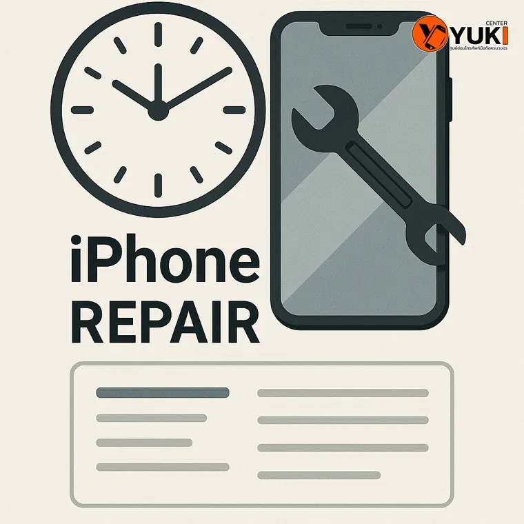 อินโฟกราฟิกซ่อม iPhone พร้อมนาฬิกาแสดงเวลา ซ่อม iPhone รวดเร็วและปลอดภัยที่ Yuki Center