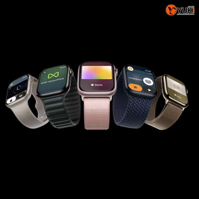 Apple Watch หลายรุ่น Series 7, Series 8, Series 9 และ Ultra แสดงดีไซน์และสายหลากหลายแบบ