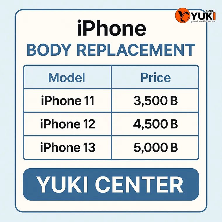 ตารางราคาเปลี่ยนบอดี้ iPhone 11 12 13 ที่ Yuki Center ปี 2025