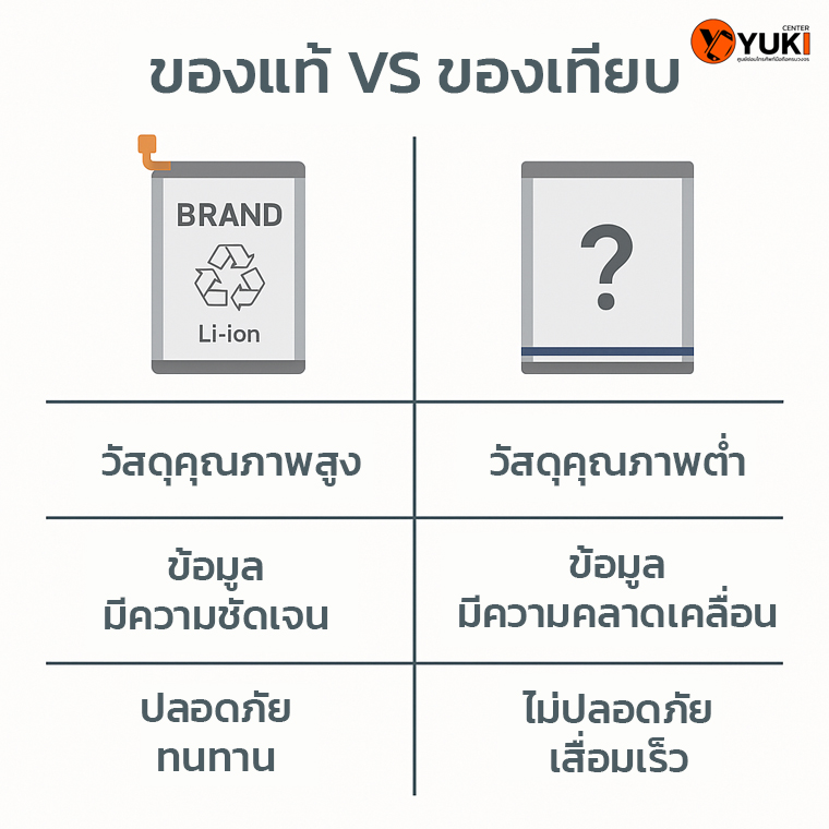 อินโฟกราฟิกตารางเปรียบเทียบแบตเตอรี่ของแท้ vs ของเทียบ แสดงความแตกต่างด้านคุณภาพ ความปลอดภัย และอายุการใช้งาน