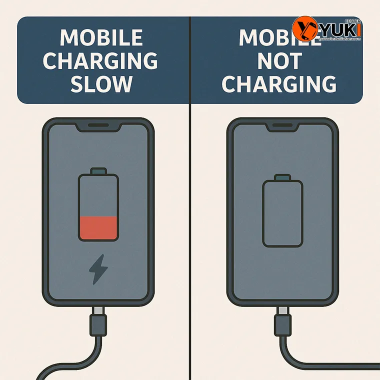 อินโฟกราฟิกเปรียบเทียบมือถือชาร์จช้า Mobile Charging Slow กับมือถือชาร์จไม่เข้า Mobile Not Charging เพื่อให้เห็นความแตกต่างชัดเจน