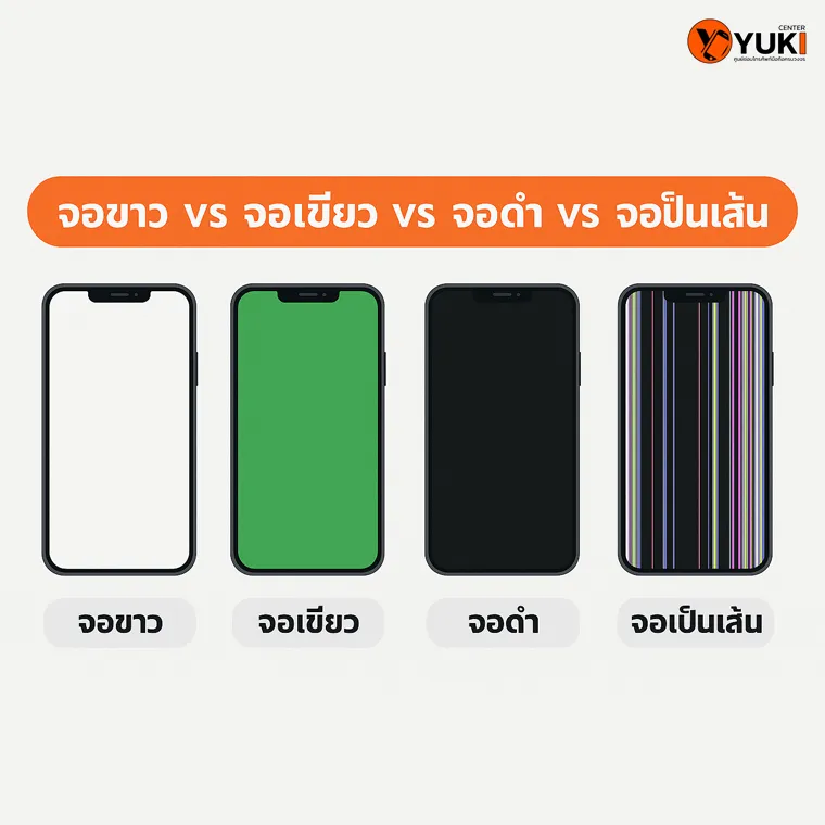 เปรียบเทียบอาการ iPhone จอขาว จอเขียว จอดำ และจอเป็นเส้น อินโฟกราฟิกโดย Yuki Center