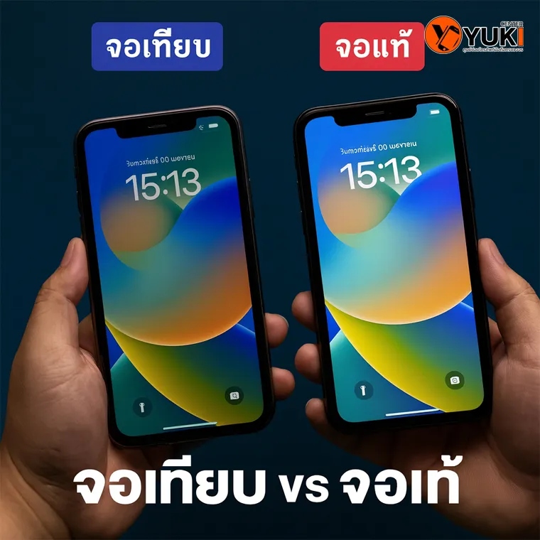 อินโฟกราฟิกเปรียบเทียบจอแท้ iPhone กับจอเทียบ ความแตกต่างด้านสี ความคมชัด และคุณภาพ โดย Yuki Center