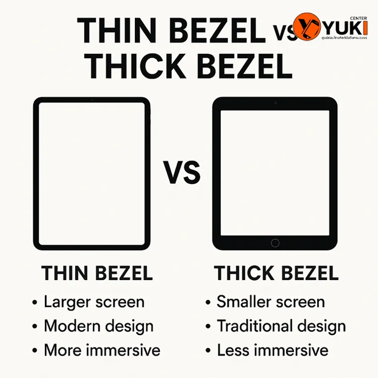 อินโฟกราฟิกเปรียบเทียบ iPad ขอบจอบาง (Thin Bezel) vs ขอบจอหนา (Thick Bezel)