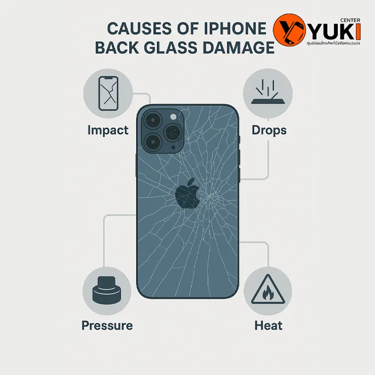 อินโฟกราฟิกสาเหตุที่ทำให้ฝาหลัง iPhone แตก เช่น การตกกระแทก แรงกด ความร้อน และแรงกระแทกจากภายนอก