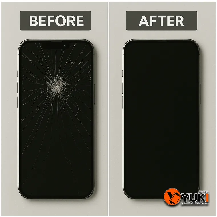 ภาพเปรียบเทียบ iPhone ก่อนและหลังเปลี่ยนหน้าจอแตกโดยศูนย์ซ่อม Yuki Center แสดงให้เห็นความแตกต่างระหว่างจอที่แตกและจอใหม่หลังซ่อม