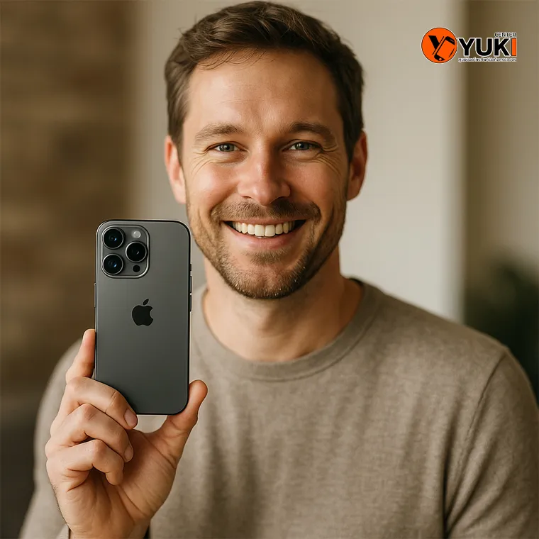 ลูกค้าชาวต่างชาติถือ iPhone หลังซ่อมเสร็จที่ร้าน Yuki Center พร้อมรอยยิ้มพอใจ