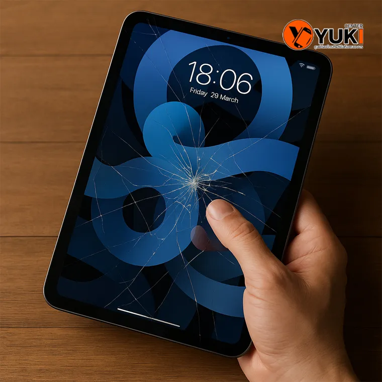 มือถือ iPad หน้าจอแตก มีรอยร้าวกลางจอ พร้อมนิ้วแตะหน้าจอ แสดงอันตรายจากการใช้งานต่อเมื่อหน้าจอแตก โดยร้านซ่อม iPad Yuki Center