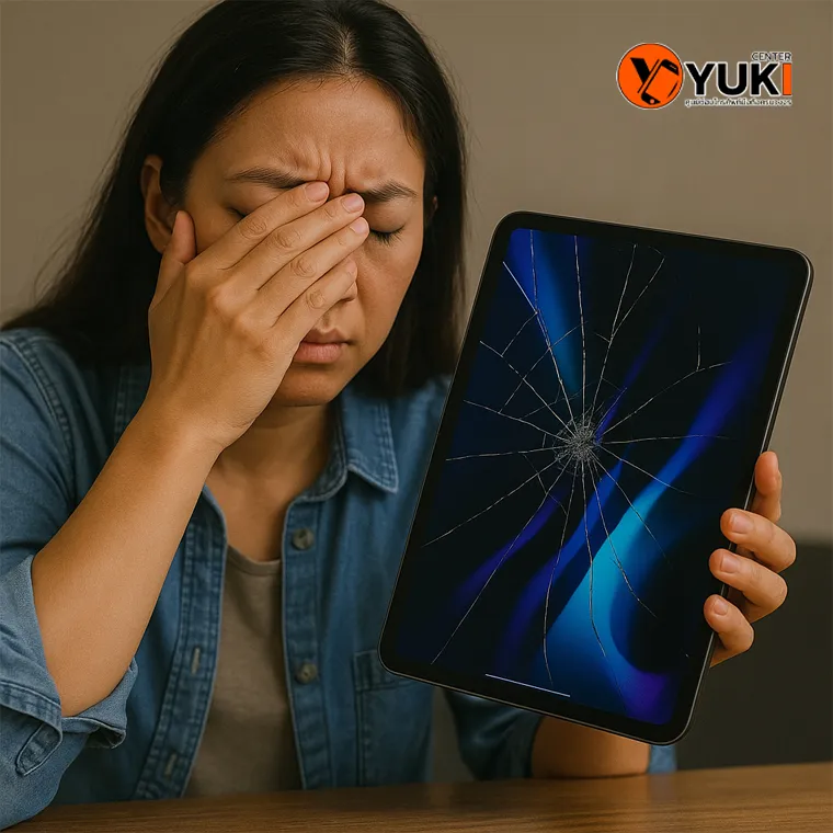 ผู้หญิงถือ iPad หน้าจอแตกพร้อมเอามือจับตาเพราะปวดตา แสดงถึงอันตรายจากการใช้งาน iPad หน้าจอแตกเป็นเวลานาน โดยร้านซ่อม iPad Yuki Center