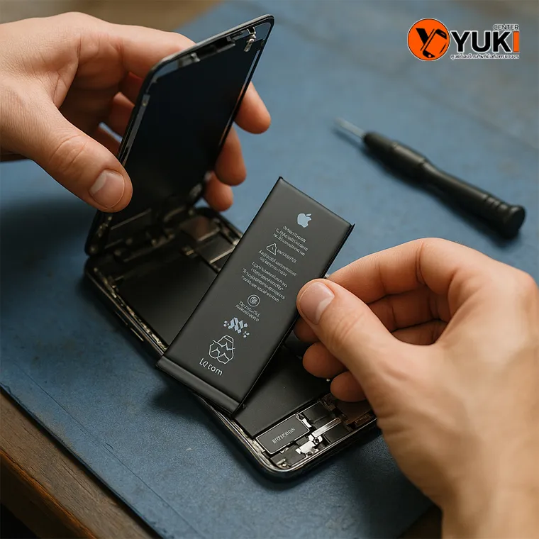 ช่างกำลังเปลี่ยนแบตเตอรี่ iPhone ด้วยอะไหล่มาตรฐานโรงงานที่ Yuki Center