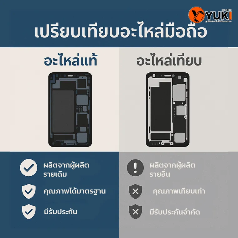 อินโฟกราฟิกเปรียบเทียบอะไหล่มือถือแท้กับอะไหล่เทียบ โดย Yuki Center