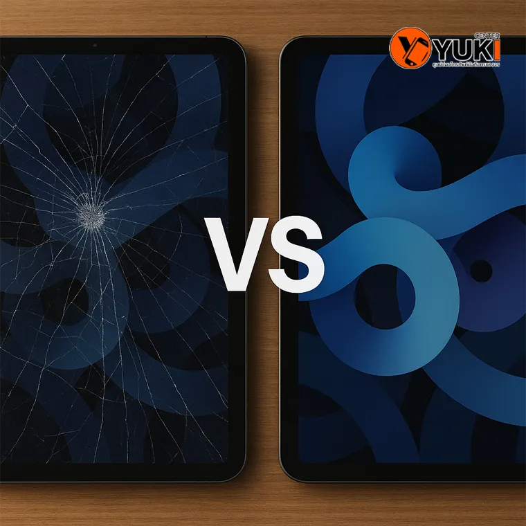 ภาพเปรียบเทียบ iPad หน้าจอแตกด้านซ้าย กับหน้าจอใหม่สภาพสมบูรณ์ด้านขวา แสดงความแตกต่างหลังการซ่อมโดยร้าน Yuki Center