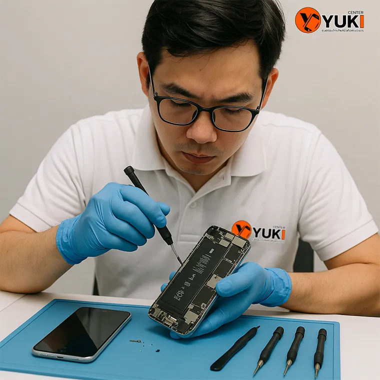 ช่างเทคนิค Yuki Center สวมถุงมือกำลังซ่อม iPhone 11 อย่างละเอียด