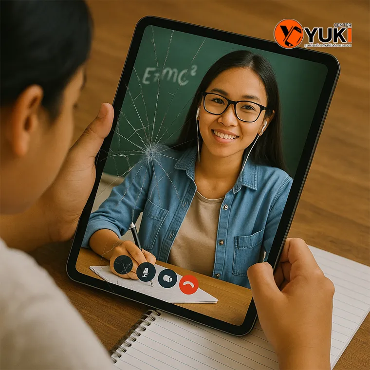 นักเรียนใช้ iPad หน้าจอแตกเรียนออนไลน์ เห็นรอยร้าวบริเวณหน้าจอชัดเจน ขณะวิดีโอคอลกับครู โดยร้านซ่อม iPad Yuki Center
