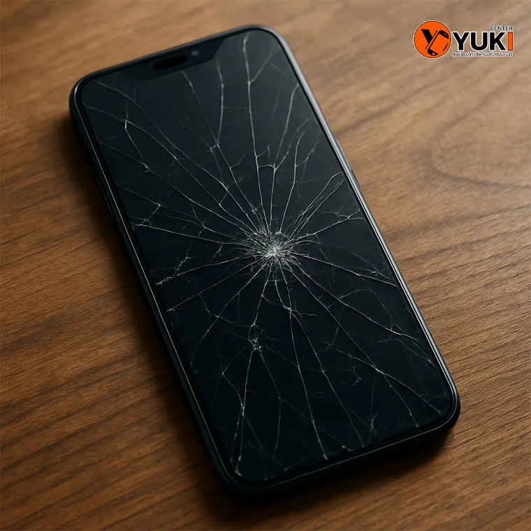 iPhone หน้าจอแตกวางบนโต๊ะไม้ เหมาะกับบทความซ่อม iPhone เลือกร้านซ่อมไหนดี ปี 2025