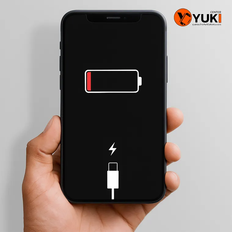 ภาพ iPhone แสดงสัญลักษณ์แบตเตอรี่ต่ำและไอคอนสายชาร์จ มือถือชาร์จไม่เข้า ปัญหาที่พบบ่อยใน iPhone