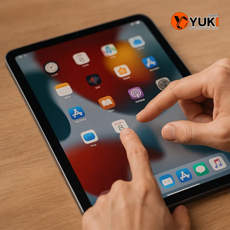 ช่างกำลังทดสอบทัชสกรีน iPad หลังเปลี่ยนหน้าจอใหม่ เพื่อเช็กความไวในการสัมผัสและการทำงานของระบบสัมผัส โดยร้านซ่อม iPad Yuki Center