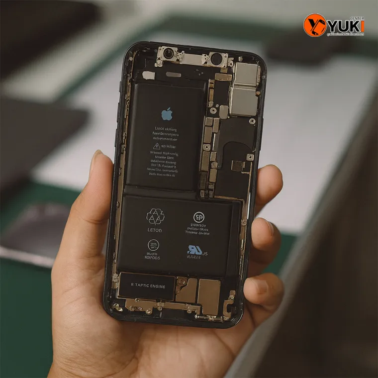 ภาพช่างถือโทรศัพท์ที่เปิดฝาหลังเพื่อเปลี่ยนแบตเตอรี่ iPhone ภายในร้าน Yuki Center