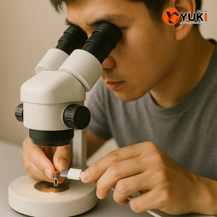 ช่างเทคนิค Yuki Center กำลังใช้กล้องจุลทรรศน์ตรวจสอบพอร์ตชาร์จ Type-C เพื่อเช็กความเสียหายของขั้วชาร์จ