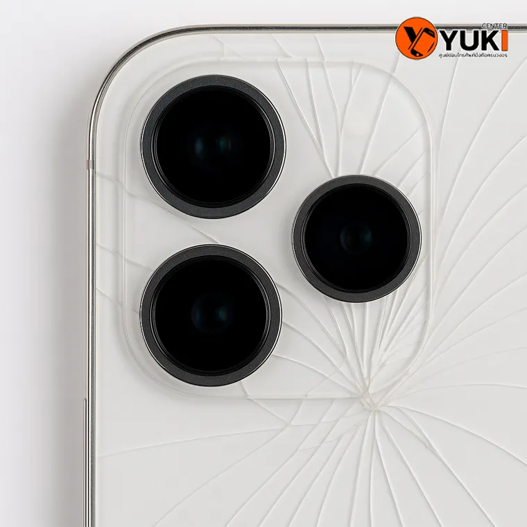 ภาพซูมรอยแตกบริเวณกล้องหลัง iPhone ที่ฝาหลังแตกร้าวเห็นลายกระจกชัดเจน โดย Yuki Center