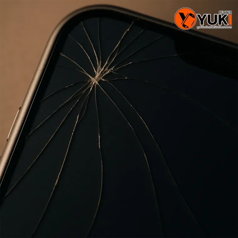 ซูมใกล้รอยแตกบนหน้าจอ iPhone ควรรีบซ่อมด่วนที่ Yuki Center ก่อนหน้าจอเสียหายหนัก