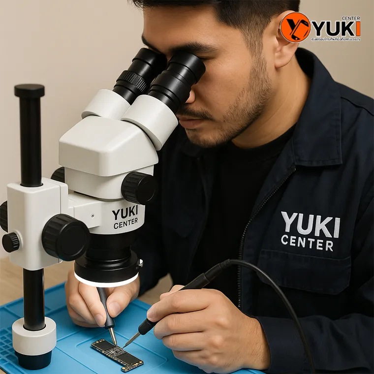 ช่าง Yuki Center ใช้กล้องจุลทรรศน์ตรวจบอร์ด iPad