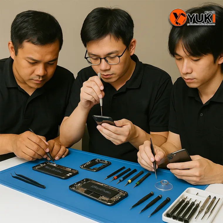 ทีมช่าง Yuki Center พระราม 9 กำลังซ่อม iPhone ด้วยเครื่องมือมาตรฐานระดับศูนย์บริการ