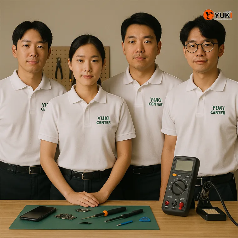 ทีมช่างผู้เชี่ยวชาญจาก Yuki Center สวมยูนิฟอร์มสีขาว พร้อมอุปกรณ์ซ่อมมือถือมาตรฐานระดับศูนย์บริการ