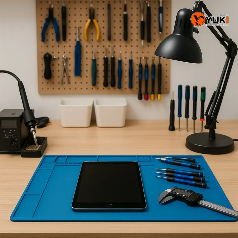 โต๊ะซ่อม iPad Pro พร้อมเครื่องมือช่างครบชุดในร้าน Yuki Center บรรยากาศสะอาดและเป็นระเบียบ