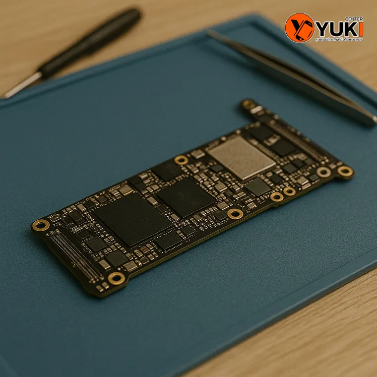บอร์ด iPhone วางบนโต๊ะซ่อม โดยทีมช่างมืออาชีพ Yuki Center