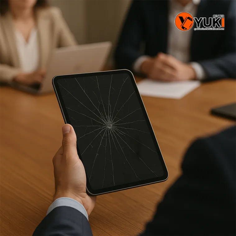 ชายถือ iPad หน้าจอแตกระหว่างการประชุม สื่อถึงปัญหาการใช้งานและภาพลักษณ์ที่ไม่เป็นมืออาชีพ โดยร้านซ่อม iPad Yuki Center