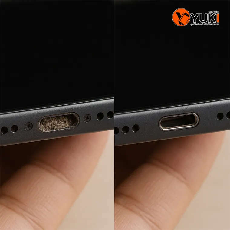 พอร์ตชาร์จมือถือก่อนและหลังทำความสะอาด เห็นฝุ่นอุดตันจนชาร์จไม่เข้า จากร้านซ่อมมือถือ Yuki Center