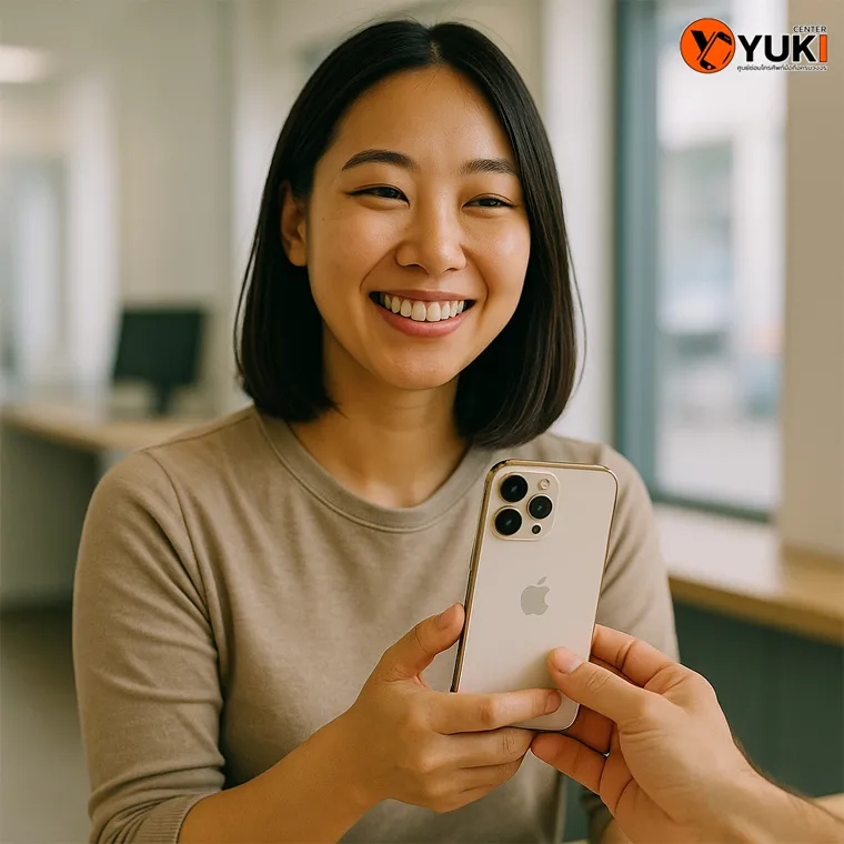 ลูกค้ายิ้มรับเครื่อง iPhone หลังซ่อมเสร็จที่ Yuki Center บริการซ่อมมือถือครบวงจร พร้อมรับประกันคุณภาพ
