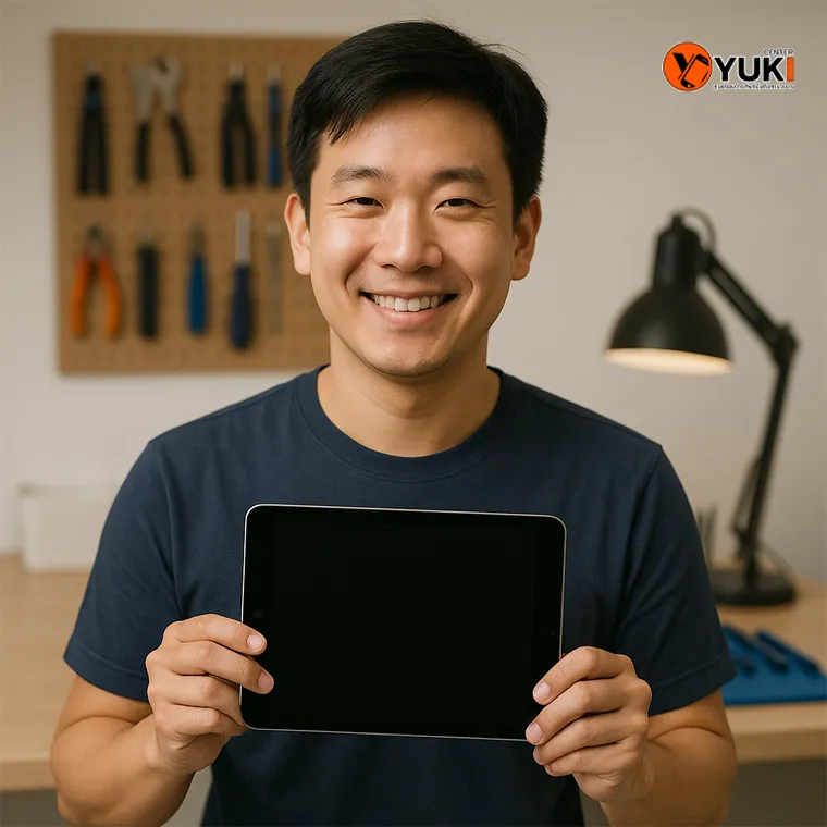ลูกค้ายิ้มรับ iPad หลังซ่อมเสร็จจากร้าน Yuki Center ศูนย์ซ่อมแท็บเล็ตมืออาชีพ