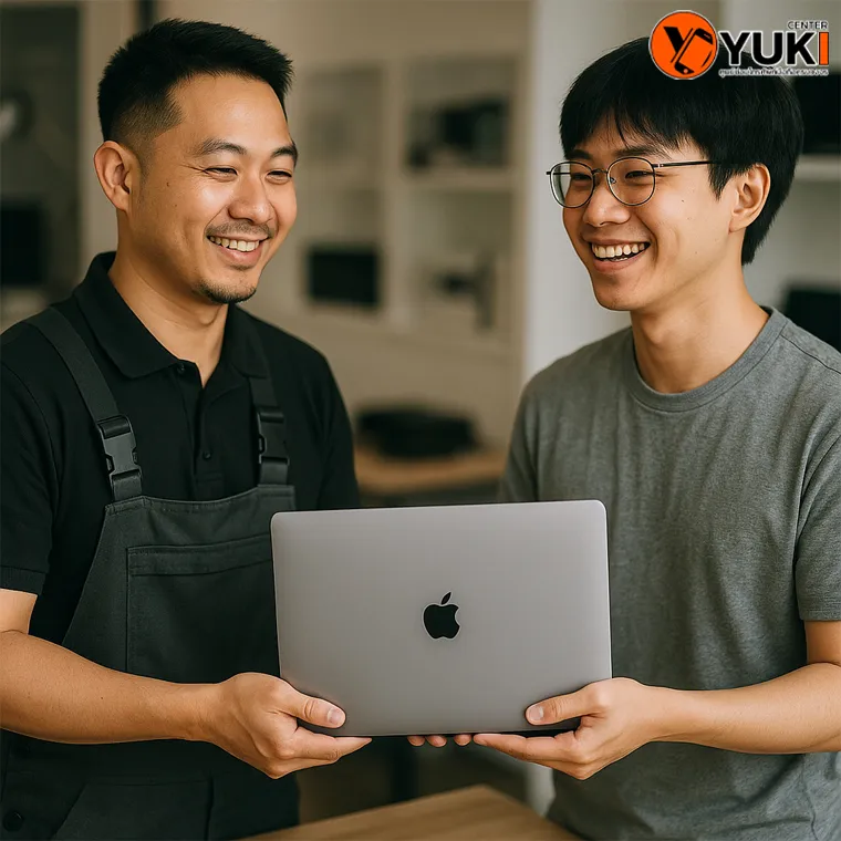 ลูกค้ารับเครื่อง MacBook จากช่างหลังเปลี่ยนแบตเสร็จ พร้อมรอยยิ้มที่ร้าน Yuki Center