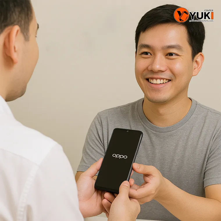 ลูกค้ารับเครื่อง OPPO หลังเปลี่ยนแบตเตอรี่ที่ Yuki Center พร้อมรอยยิ้มพอใจในบริการ