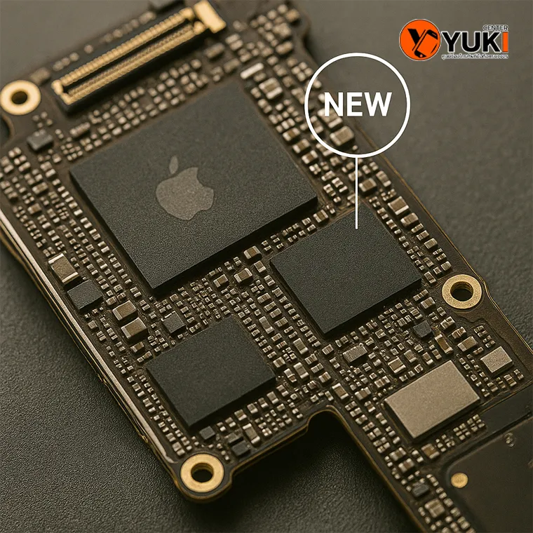 ภาพวงจรเมนบอร์ด iPhone พร้อมชิป IC ชาร์จที่ถูกเปลี่ยนใหม่โดยช่างผู้เชี่ยวชาญ Yuki Center