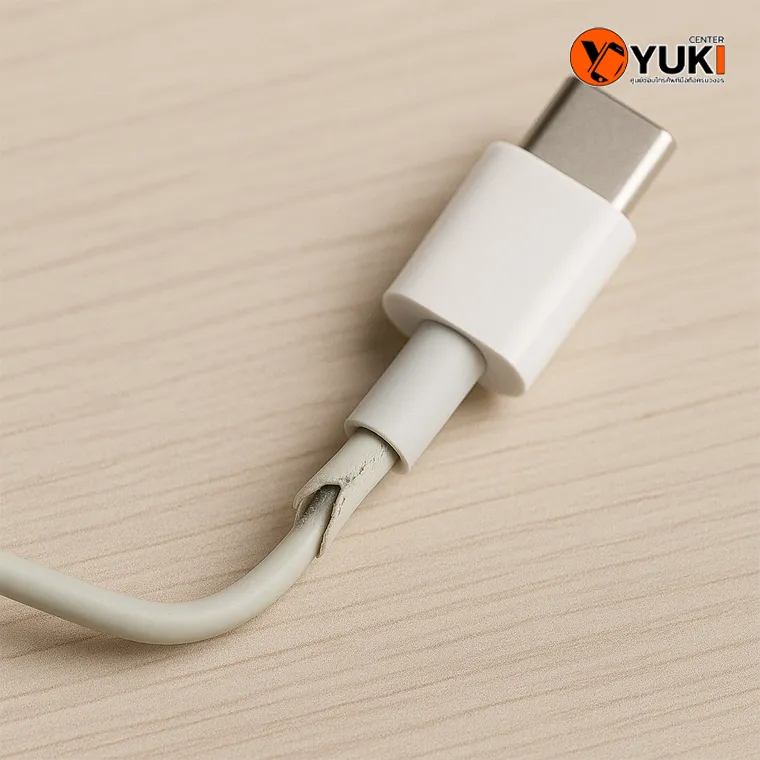 ภาพสายชาร์จมือถือ Type-C ชำรุด ปลอกหุ้มขาด สาเหตุที่ทำให้ชาร์จไม่เข้า