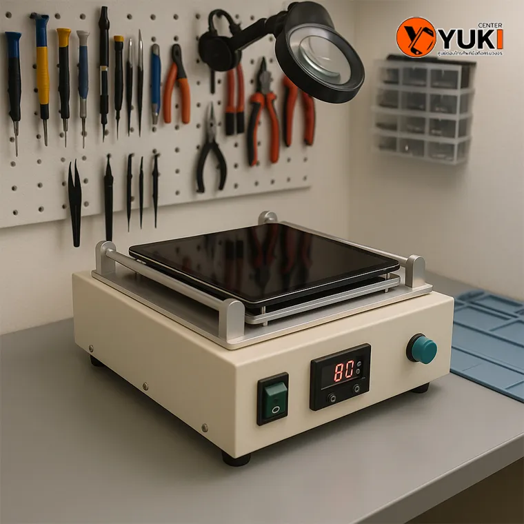ภาพเครื่องลอกจอ iPad ภายในห้องซ่อมของ Yuki Center แสดงเครื่องมือซ่อมครบชุดและโต๊ะทำงานที่สะอาด