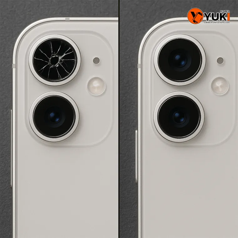 ภาพเปรียบเทียบเลนส์กล้อง iPhone แตกก่อนซ่อมและหลังซ่อมเสร็จโดย Yuki Center