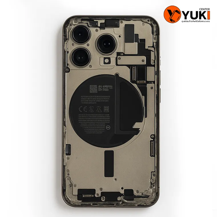 ภาพฝาหลัง iPhone ถูกถอดออก แสดงให้เห็นโครงเครื่องและชุดวงจรภายในหลังเปลี่ยน Housing ใหม่ที่ Yuki Center