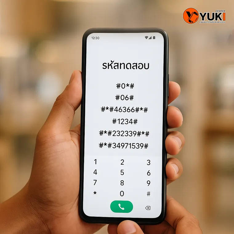 มือถือแสดงหน้าจอรหัสทดสอบเครื่อง Android หลายแบบ เช่น #0#, #06#, ##4636##* โดย Yuki Center