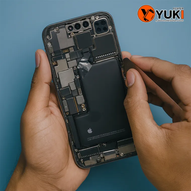 ภาพช่างกำลังประกอบชิ้นส่วนภายใน iPhone หลังเปิดฝาหลังเพื่อซ่อมบำรุงที่ Yuki Center