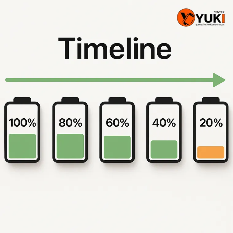 อินโฟกราฟิกแสดงไทม์ไลน์การลดของแบตเตอรี่จาก 100% เหลือ 20% อย่างรวดเร็ว