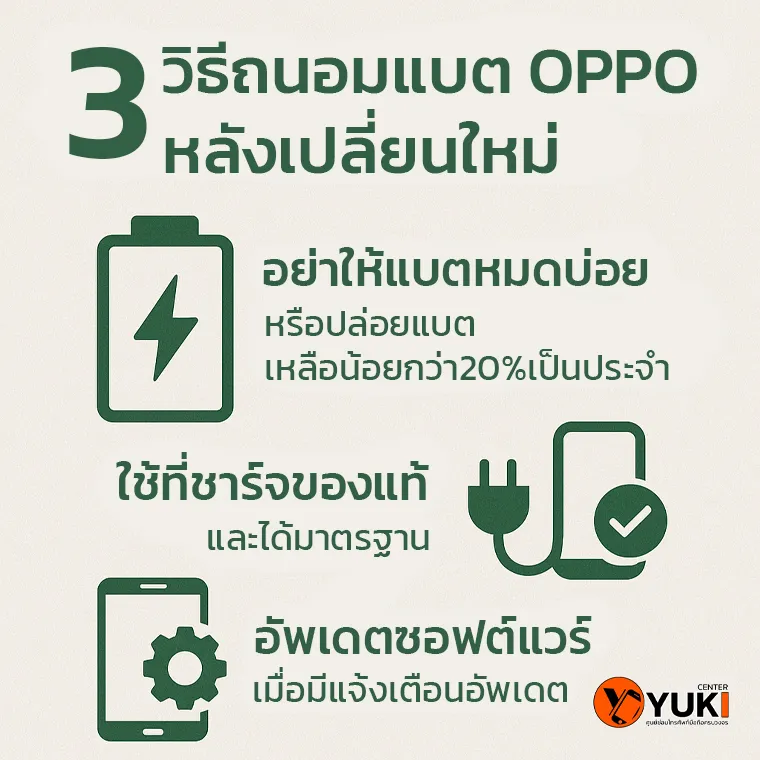 อินโฟกราฟิก 3 วิธีถนอมแบตเตอรี่ OPPO หลังเปลี่ยนใหม่ แนะนำการดูแลแบตให้ใช้งานได้นานและปลอดภัย
